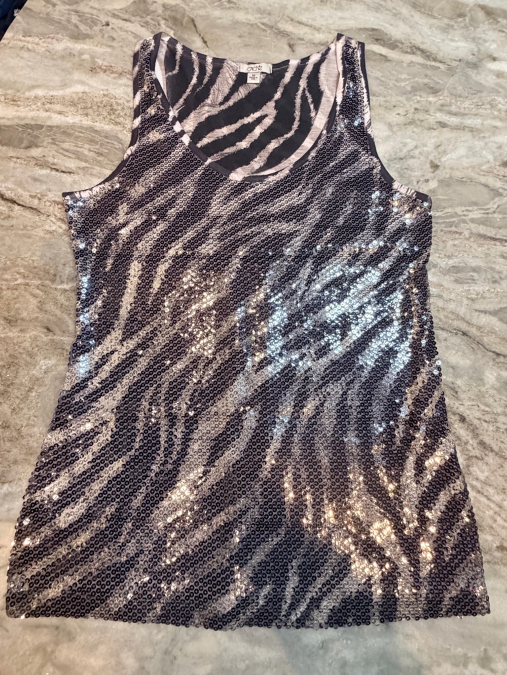 Cache Sequin Zebra Print Medium Sleeveless Party Clubwear Tank Sparkly Blouse